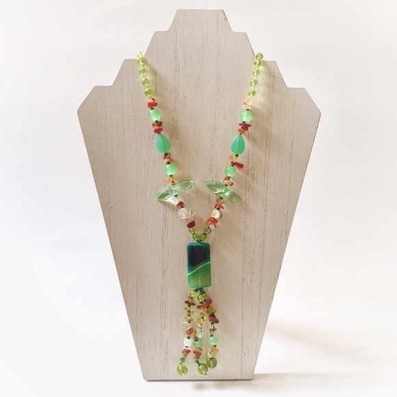 ✨FINAL PRICE✨VTG Green Agate Yellow Red Orange Quartz Glass Bead Tassel Necklace - Picture 2 of 7